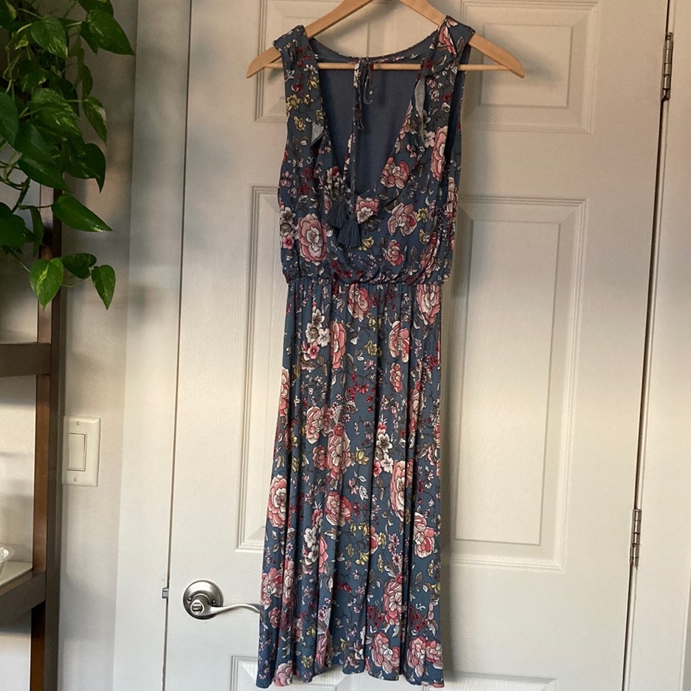 LOFT Blue Floral Midi Dress with Pink Roses